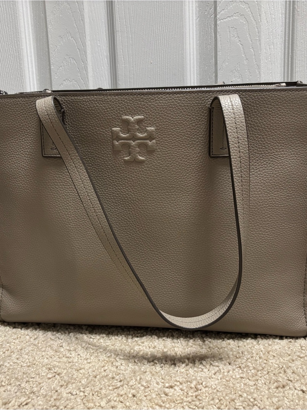 Tory Burch Pebbled Leather Tote in Taupe-Gray